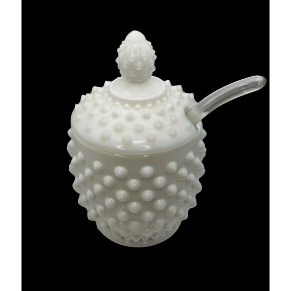 Fenton Hobnail Milk Glass Jam Jar Set With Lid & Plate 3903 Vintage 1950s-60s - Picture 3 of 4